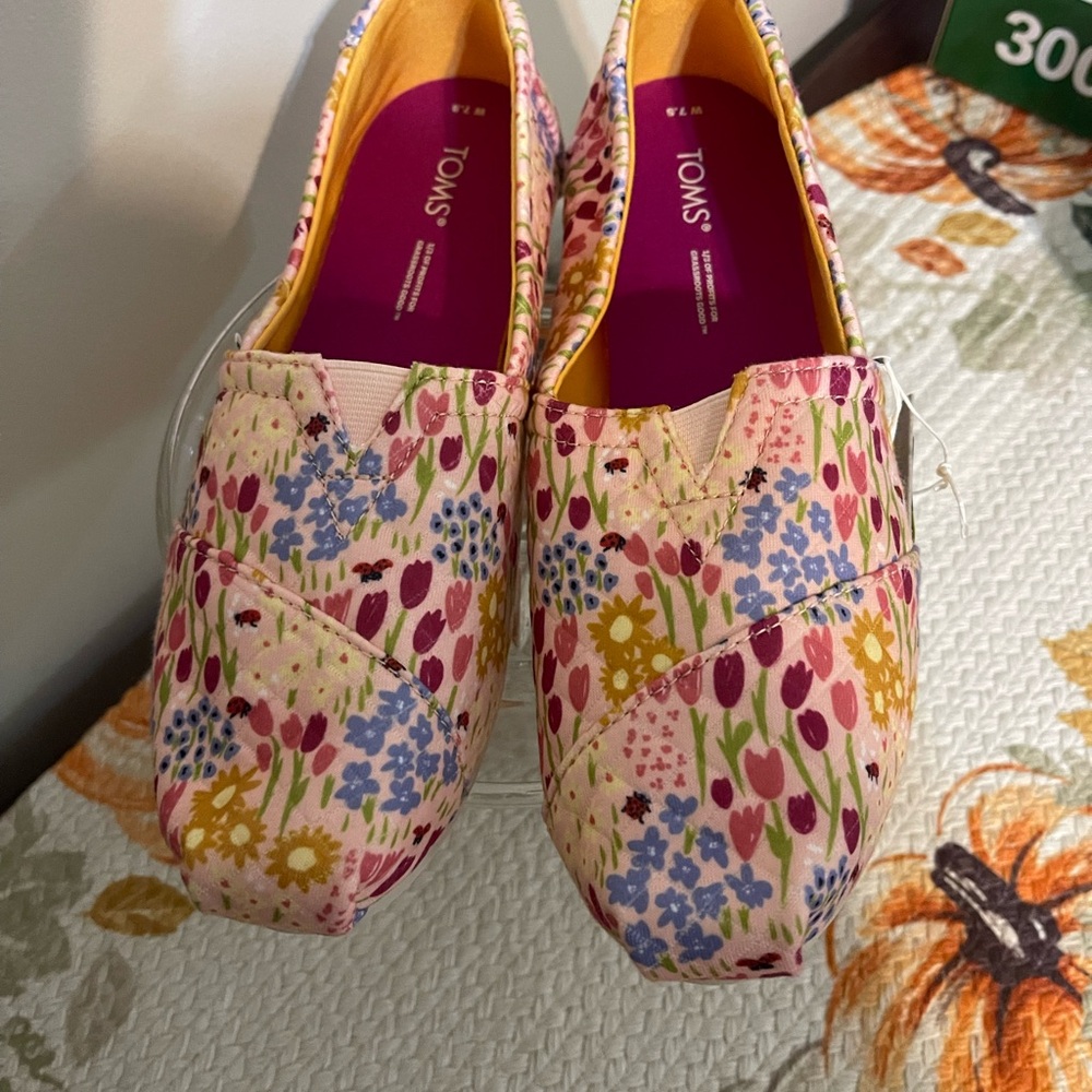 TOMS Women's Floral Canvas Flats - Pink and Yellow